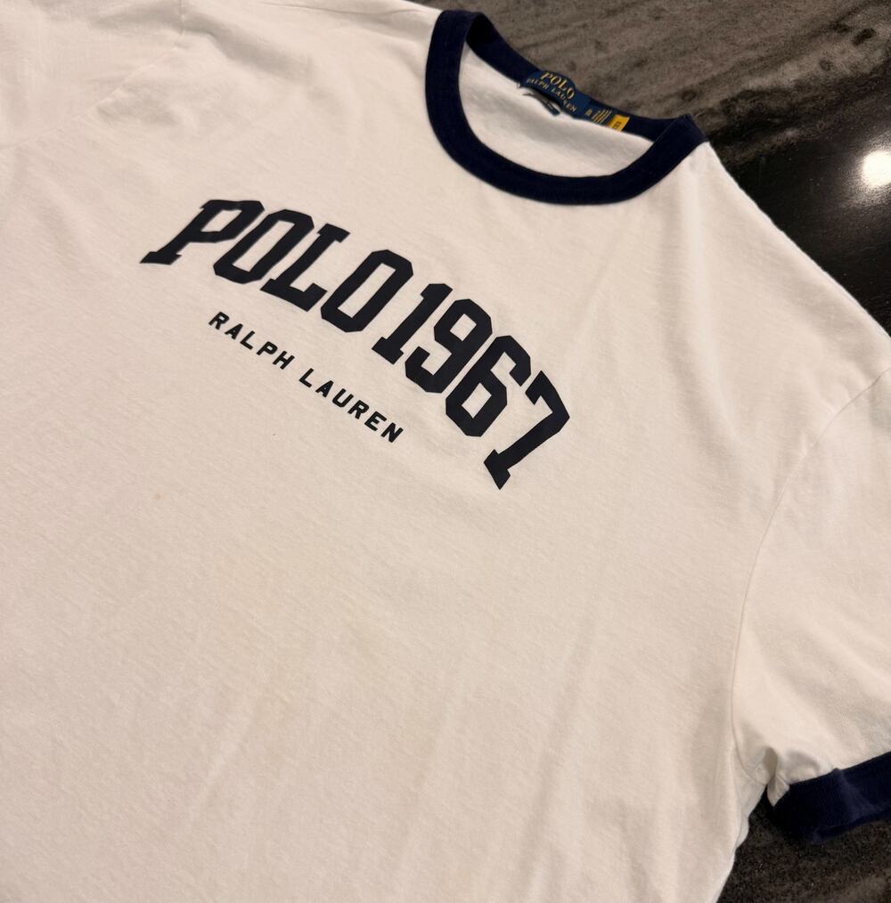 Polo Ralph Lauren Navy Regular Fit Graphic Print Logo 46 Ringer T-Shirt XL Flaw